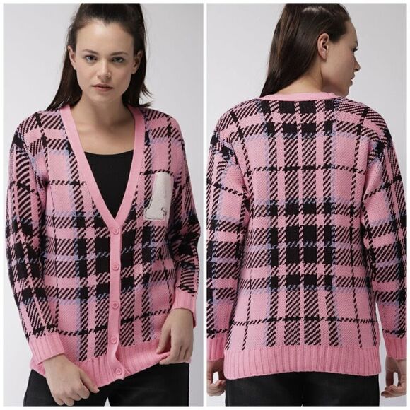 NWT Forever 21 Pink Plaid Academia Letterman Cardigan Sweater - Small - Picture 1 of 8
